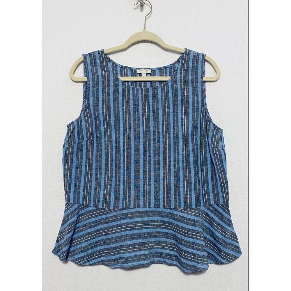 Talbots Womens Striped Sleeveless Top Peplum Hem Blue Linen Blend Boho Medium